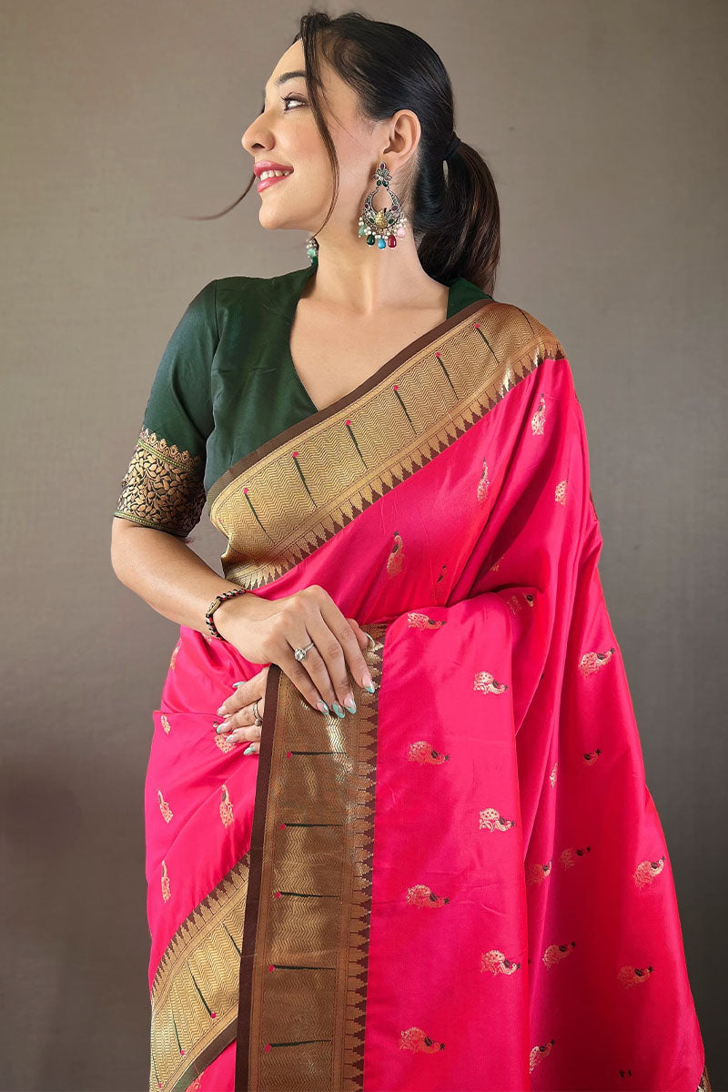 Lemonade Pink Zari Woven Paithani Silk Saree