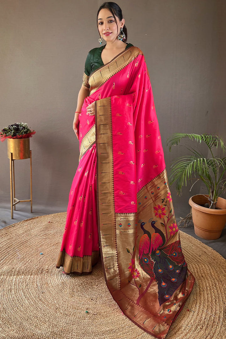 Lemonade Pink Zari Woven Paithani Silk Saree