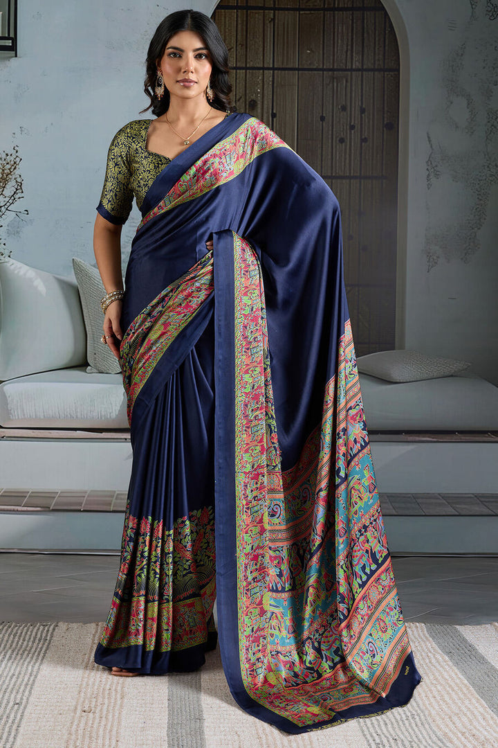 Liberty Blue Ajrakh Printed Satin Silk Saree