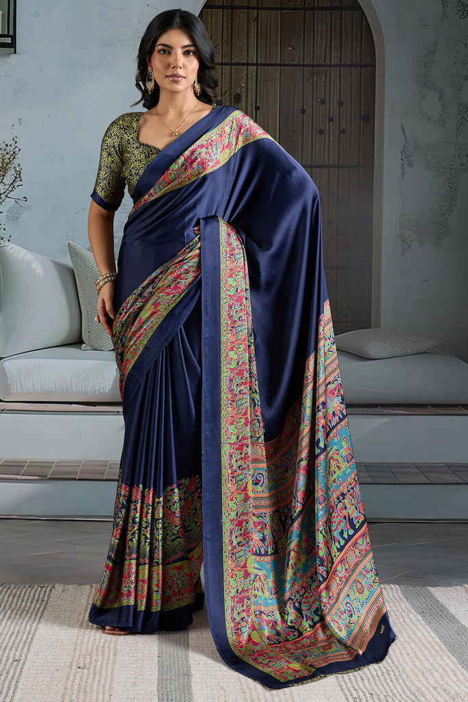 Liberty Blue Ajrakh Printed Satin Silk Saree