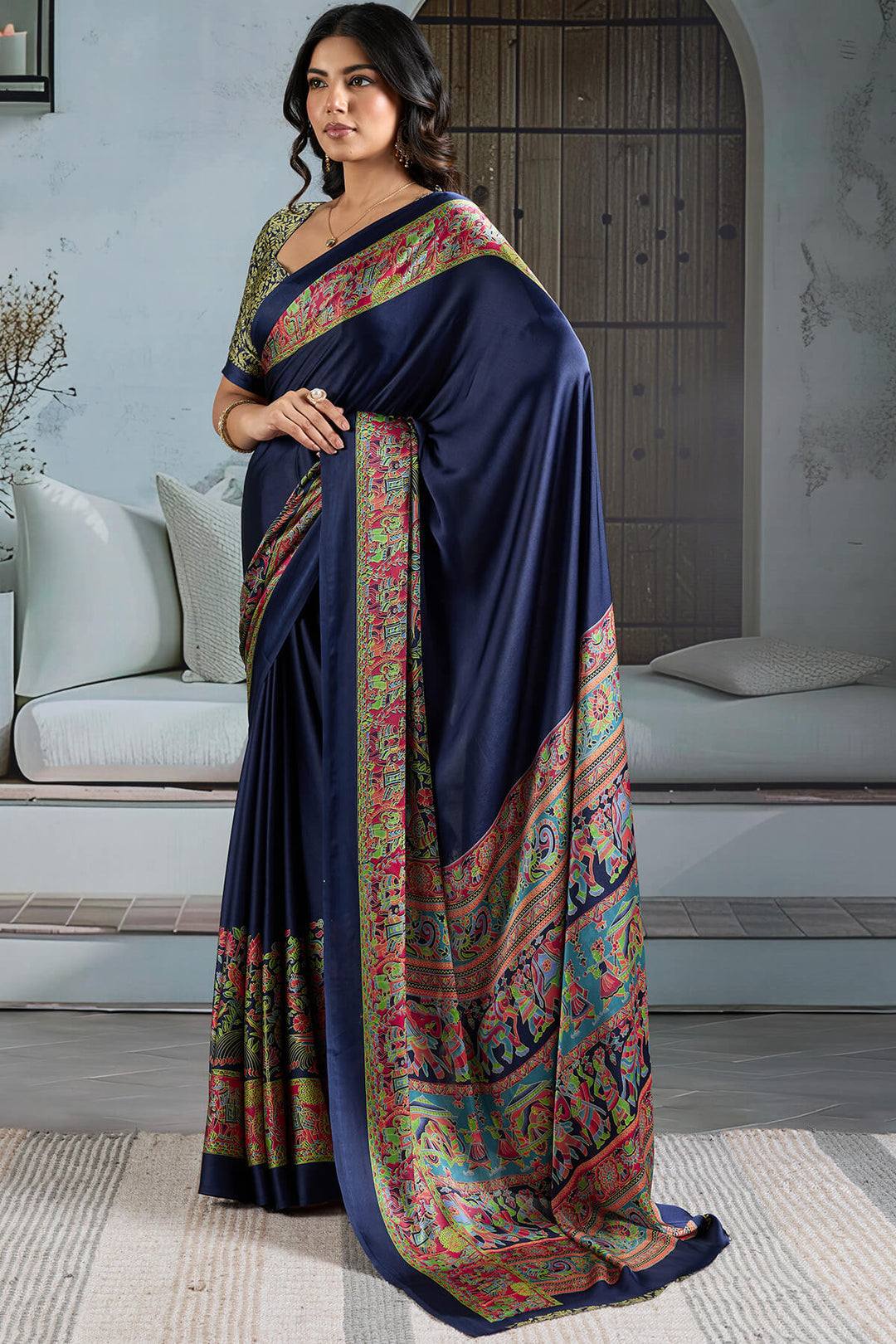Liberty Blue Ajrakh Printed Satin Silk Saree