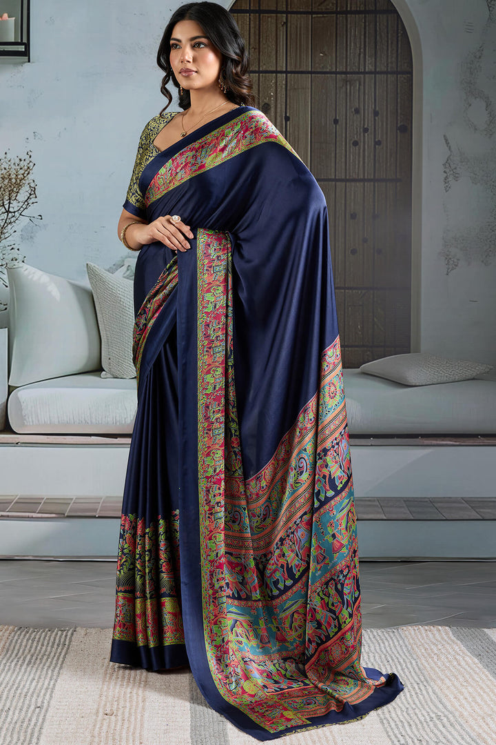 Liberty Blue Ajrakh Printed Satin Silk Saree