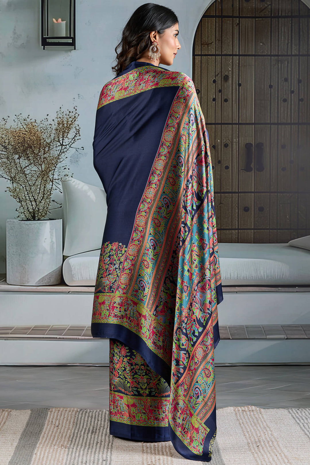 Liberty Blue Ajrakh Printed Satin Silk Saree