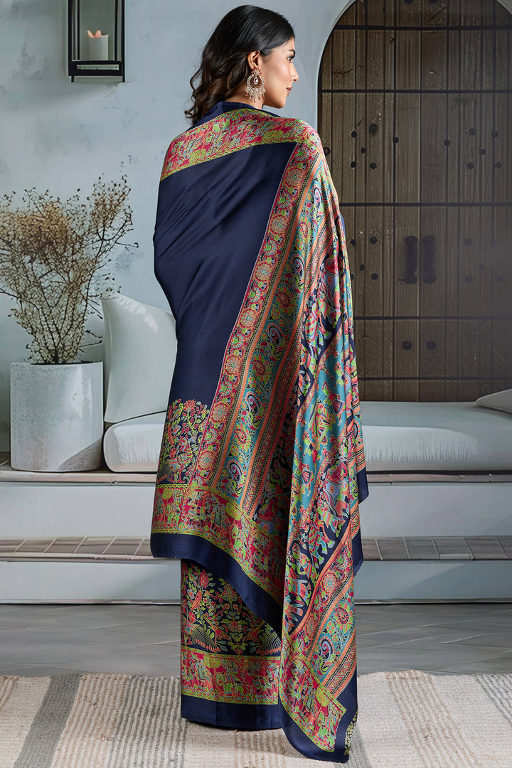 Liberty Blue Ajrakh Printed Satin Silk Saree