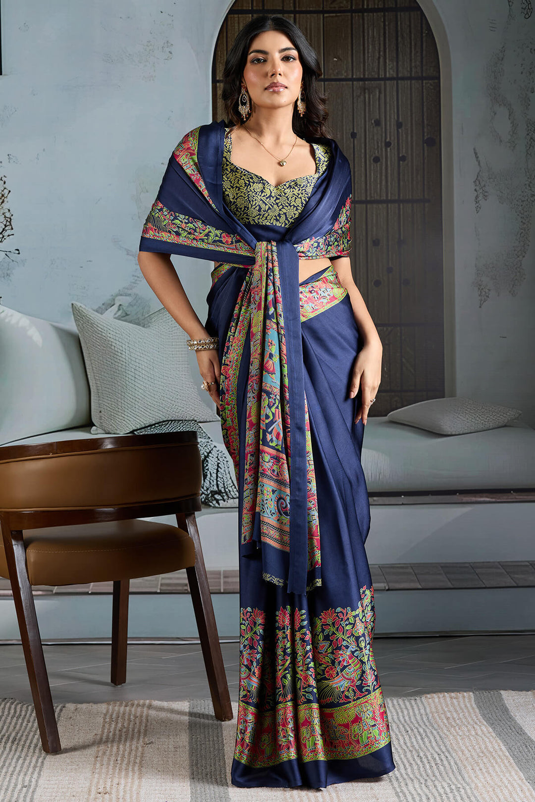 Liberty Blue Ajrakh Printed Satin Silk Saree