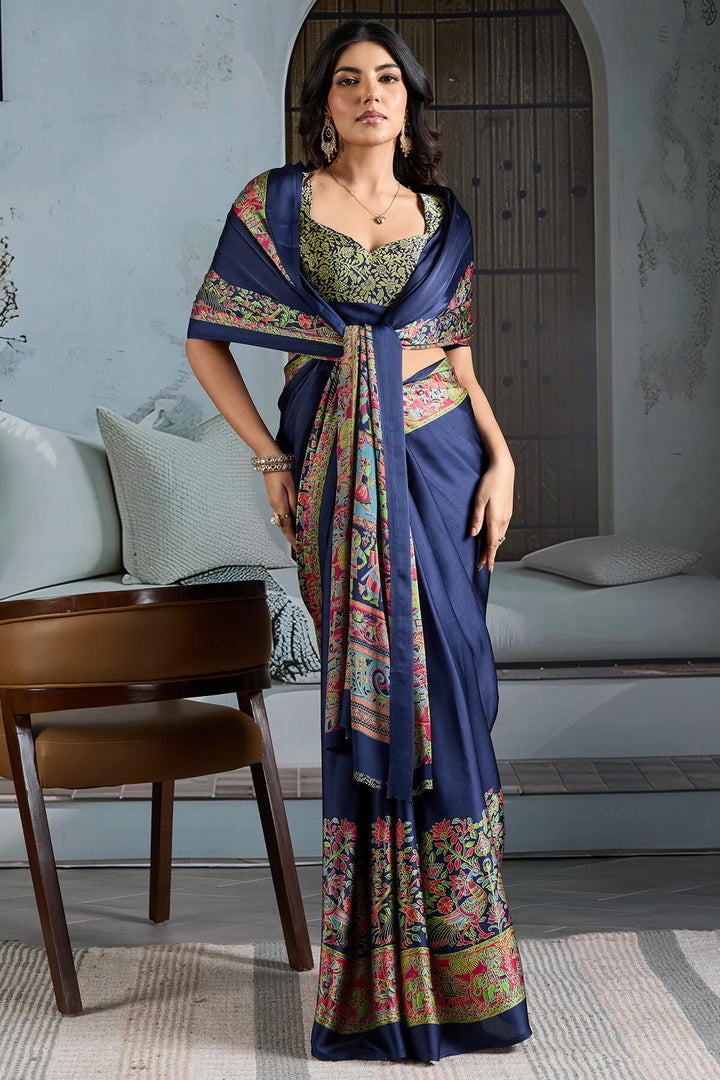 Liberty Blue Ajrakh Printed Satin Silk Saree