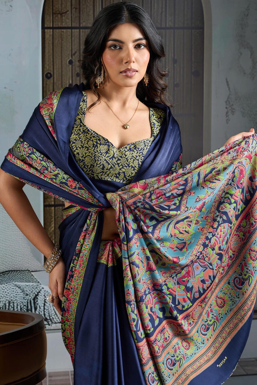 Liberty Blue Ajrakh Printed Satin Silk Saree
