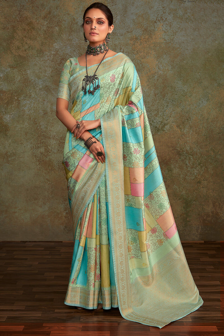 Lichen Green Printed Soft Silk Saree