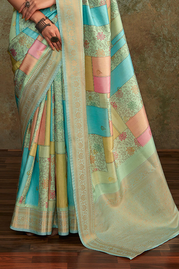 Lichen Green Printed Soft Silk Saree