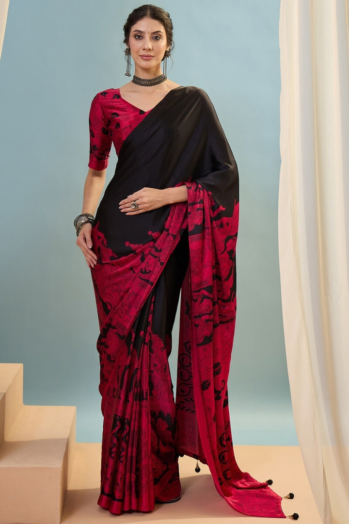 Licorice Black Ajrakh Printed Satin Silk Saree
