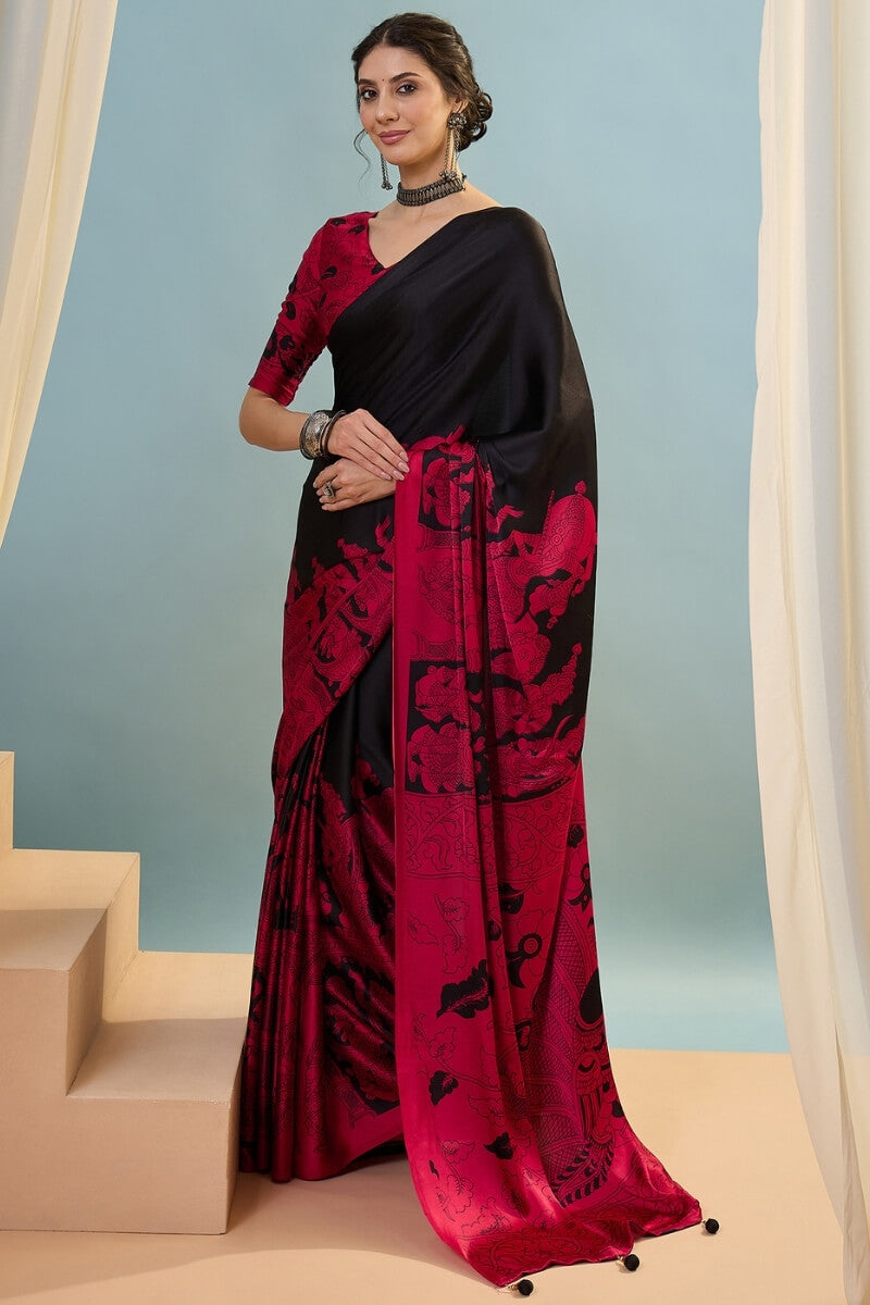 Licorice Black Ajrakh Printed Satin Silk Saree