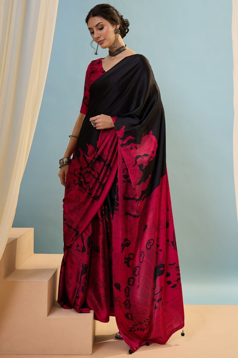Licorice Black Ajrakh Printed Satin Silk Saree