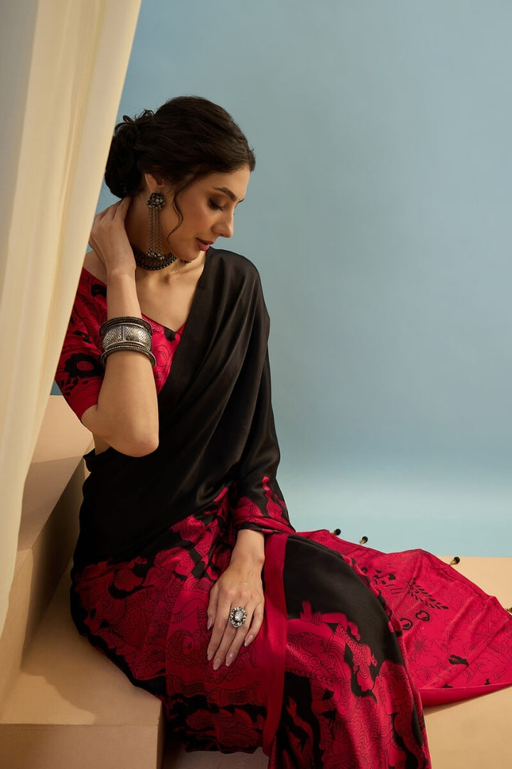 Licorice Black Ajrakh Printed Satin Silk Saree