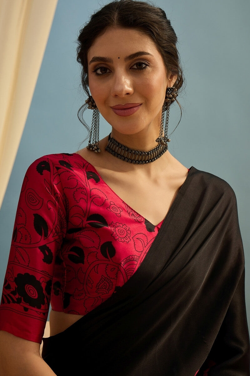 Licorice Black Ajrakh Printed Satin Silk Saree