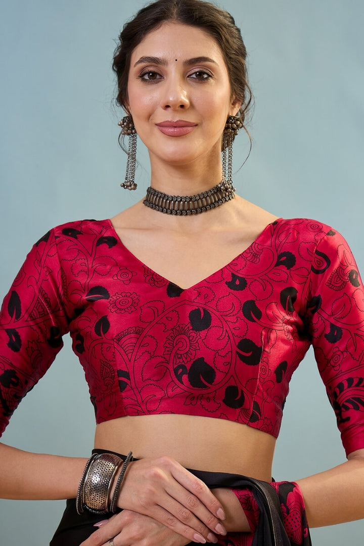 Licorice Black Ajrakh Printed Satin Silk Saree