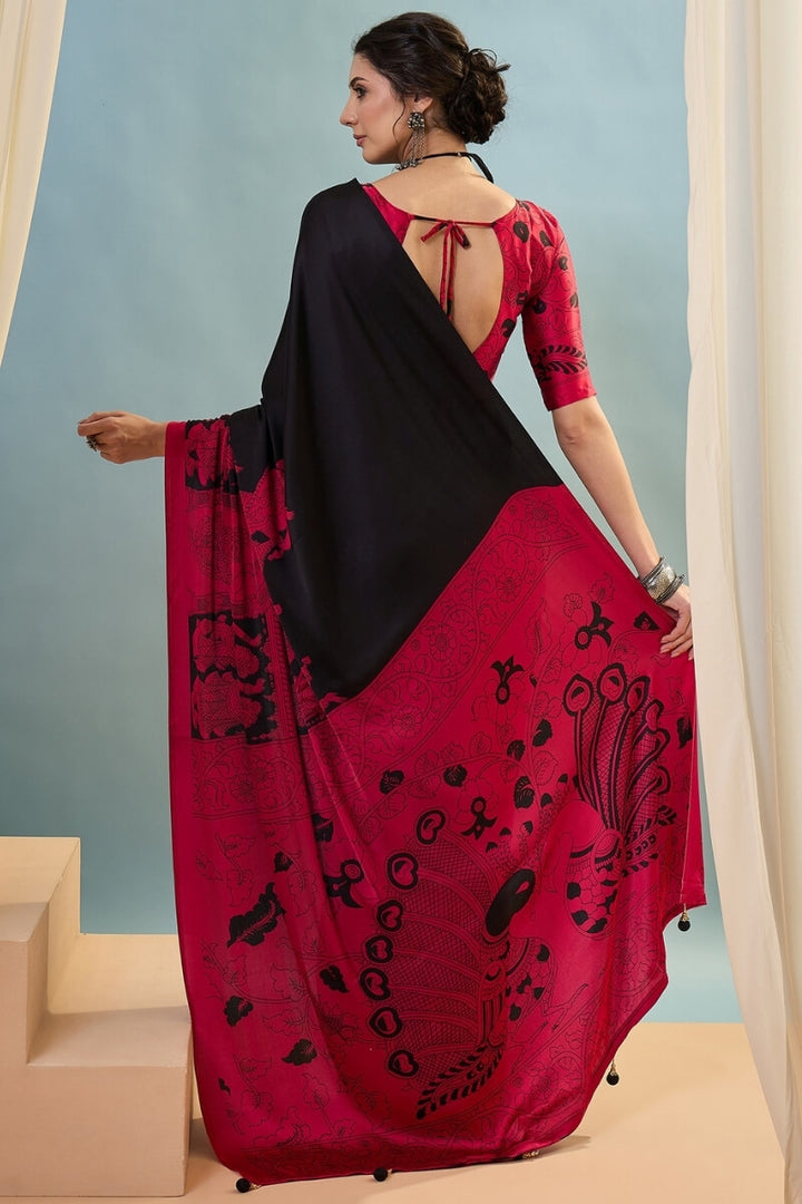 Licorice Black Ajrakh Printed Satin Silk Saree