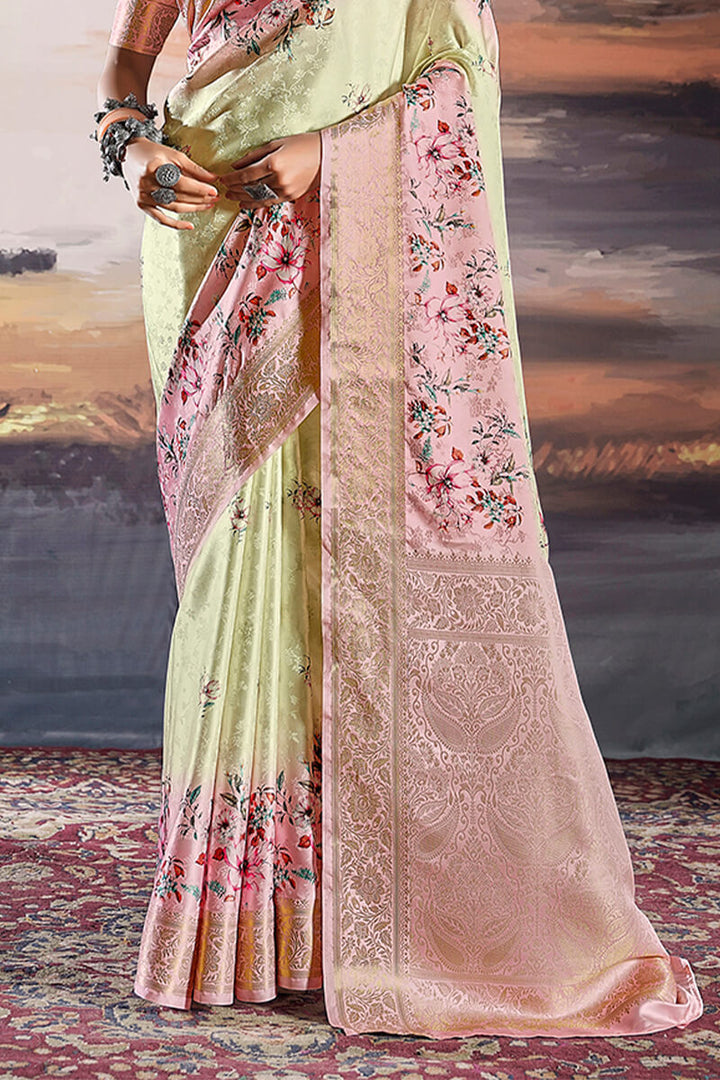 Light Beige Floral Printed Satin Silk Saree