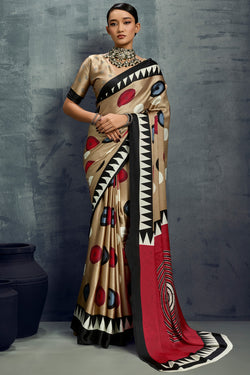 Light Brown Ajrakh Printed Satin Crepe Silk Saree