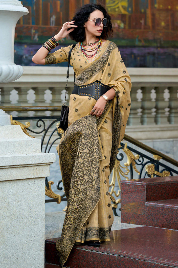 Light Brown Linen Tissue Silk Saree