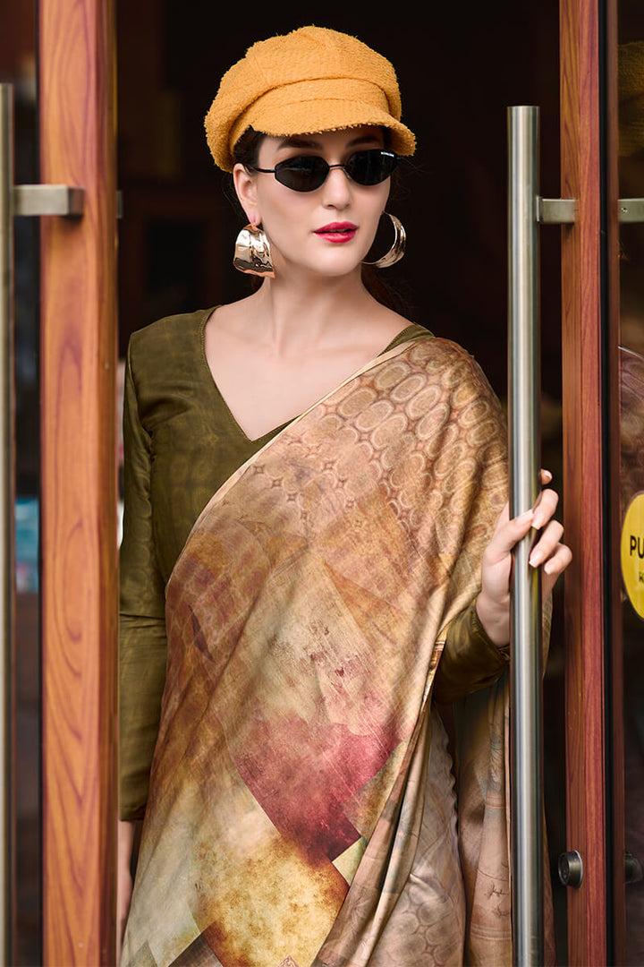 Light Brown Printed Satin Crepe Silk Saree