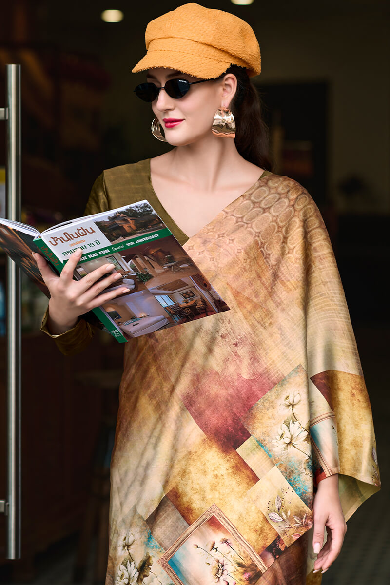 Light Brown Printed Satin Crepe Silk Saree