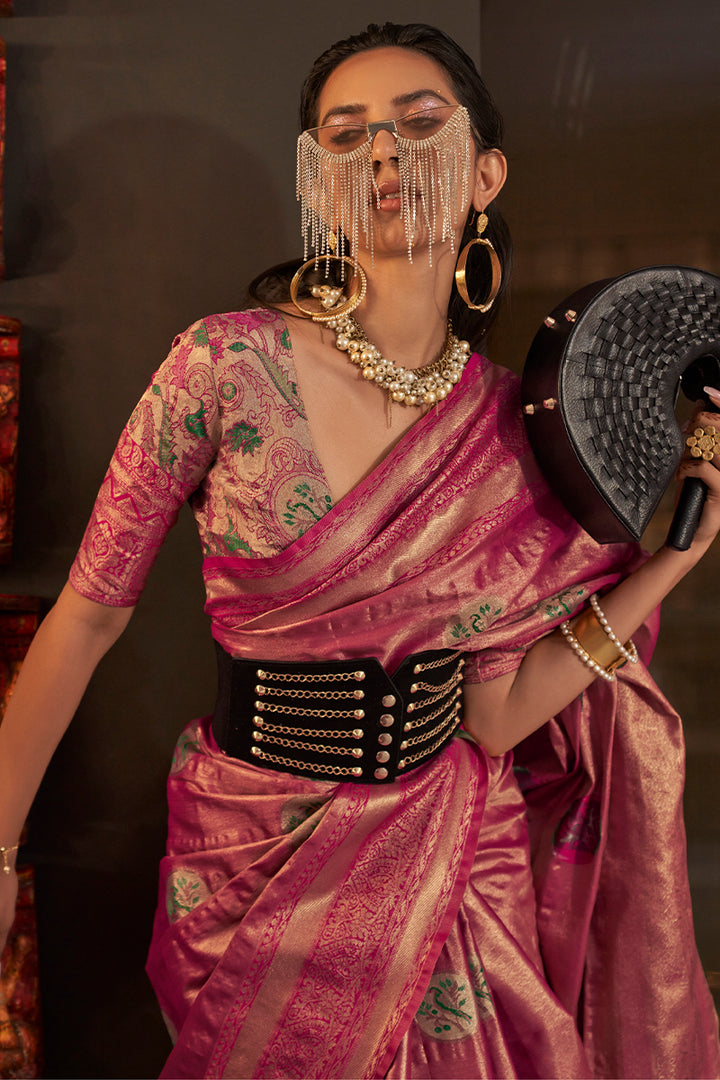 Light Burgundy Zari Woven Handloom Banarasi Silk Saree