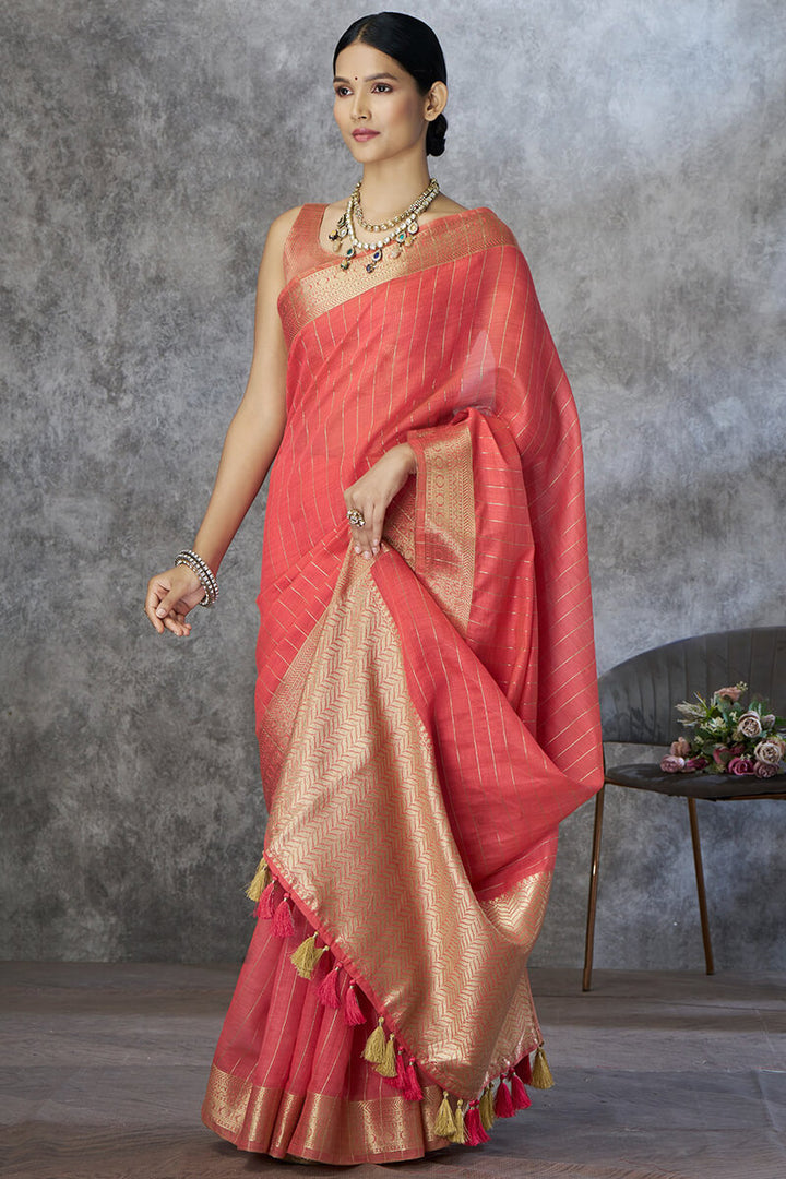 Light Carmine Pink Soft Linen Silk Saree