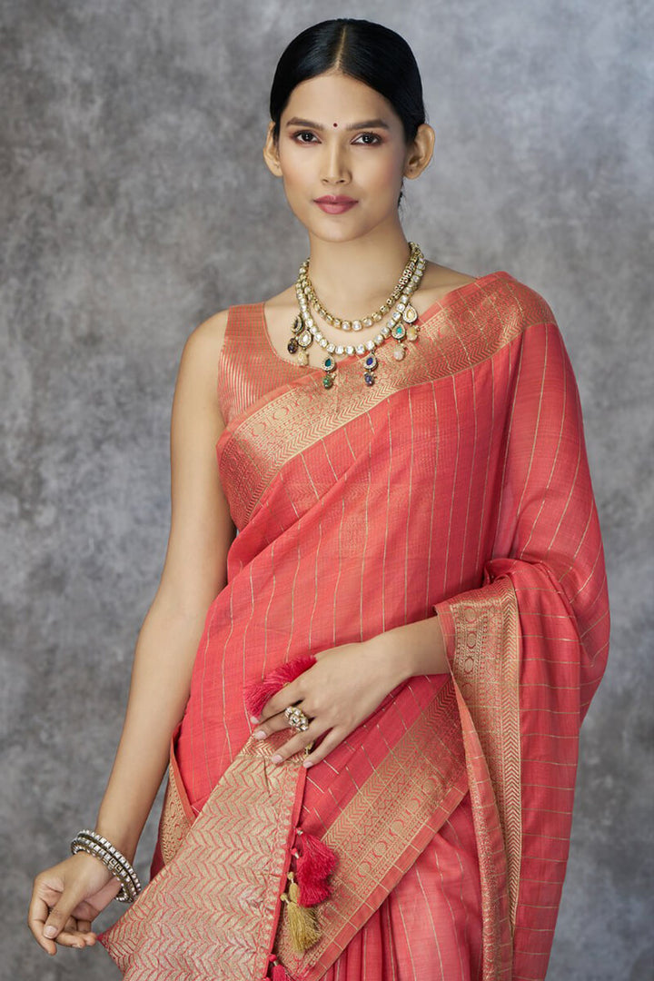 Light Carmine Pink Soft Linen Silk Saree