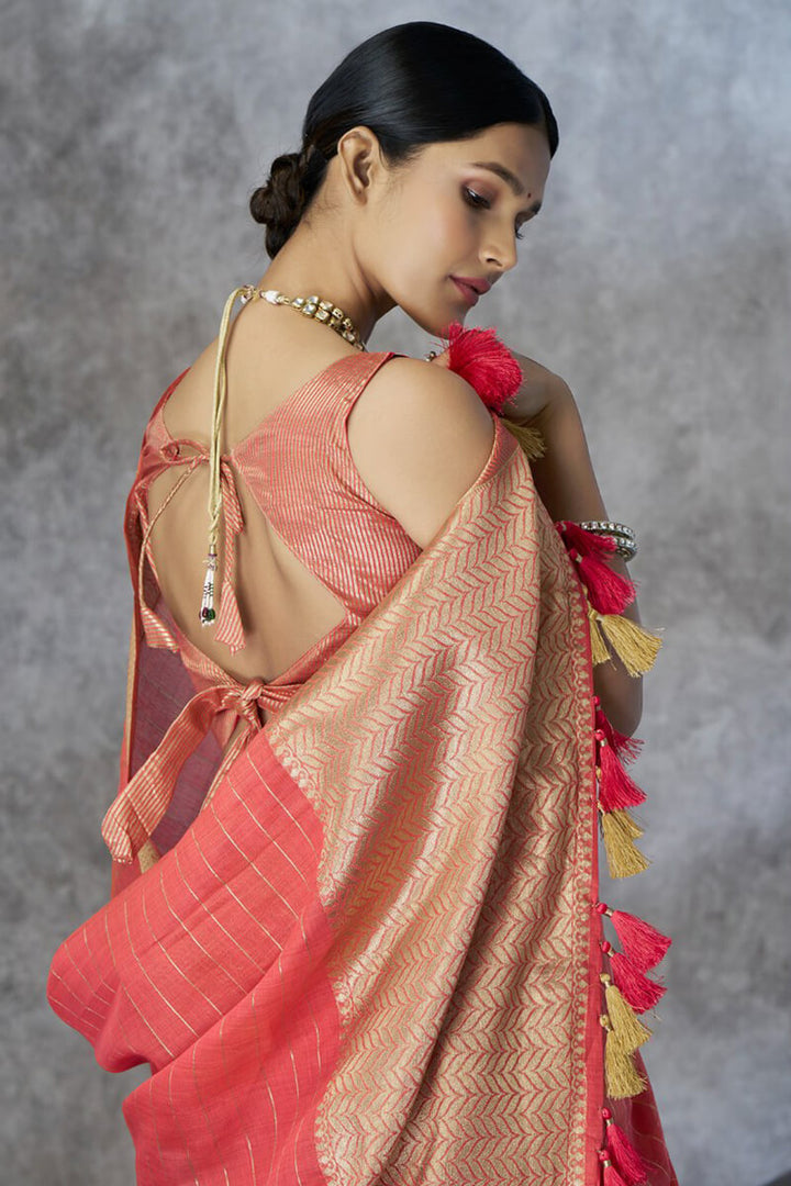 Light Carmine Pink Soft Linen Silk Saree