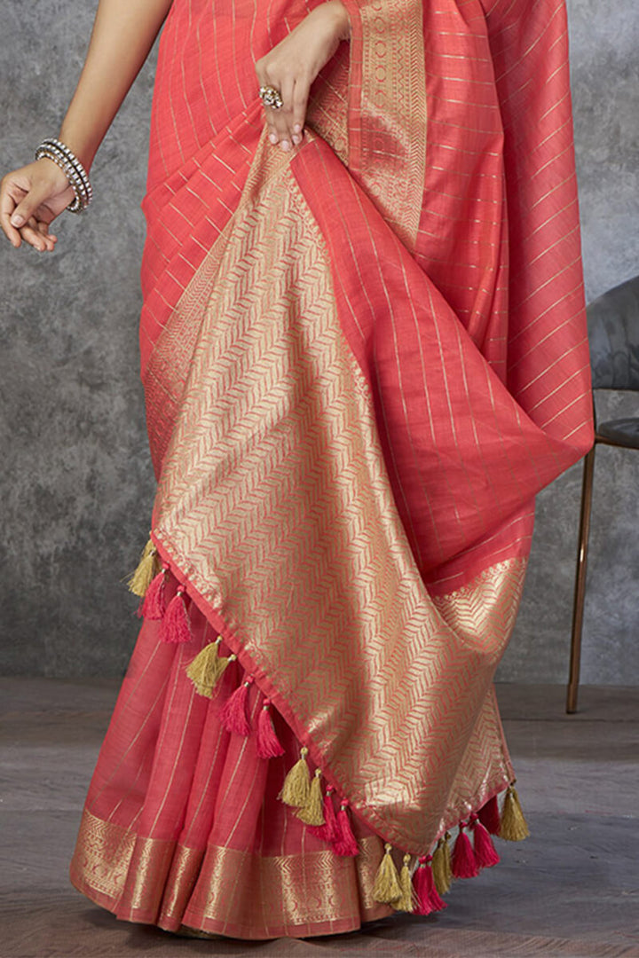 Light Carmine Pink Soft Linen Silk Saree