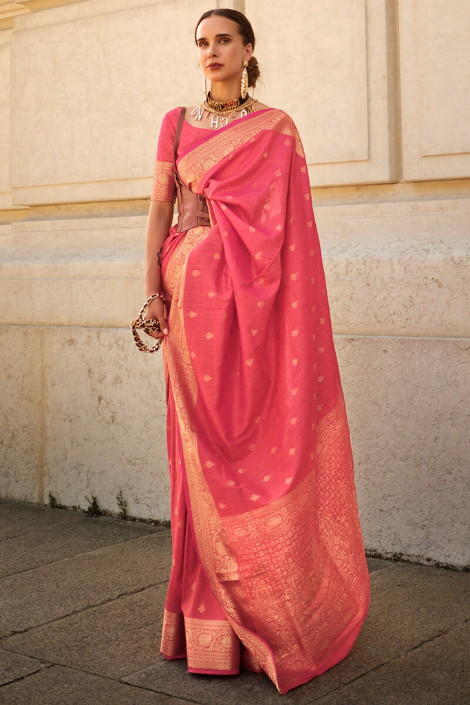 Light Carmine Pink Zari Woven Banarasi Silk Saree