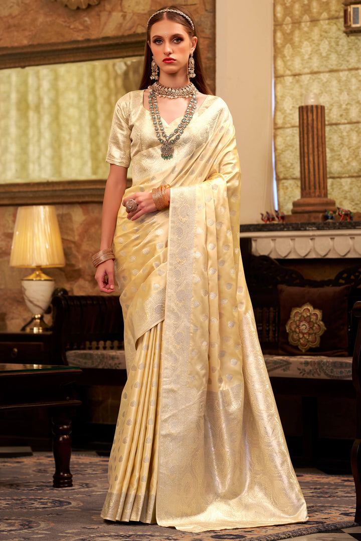 Light Goldenrod Yellow Banarasi Satin Silk Saree