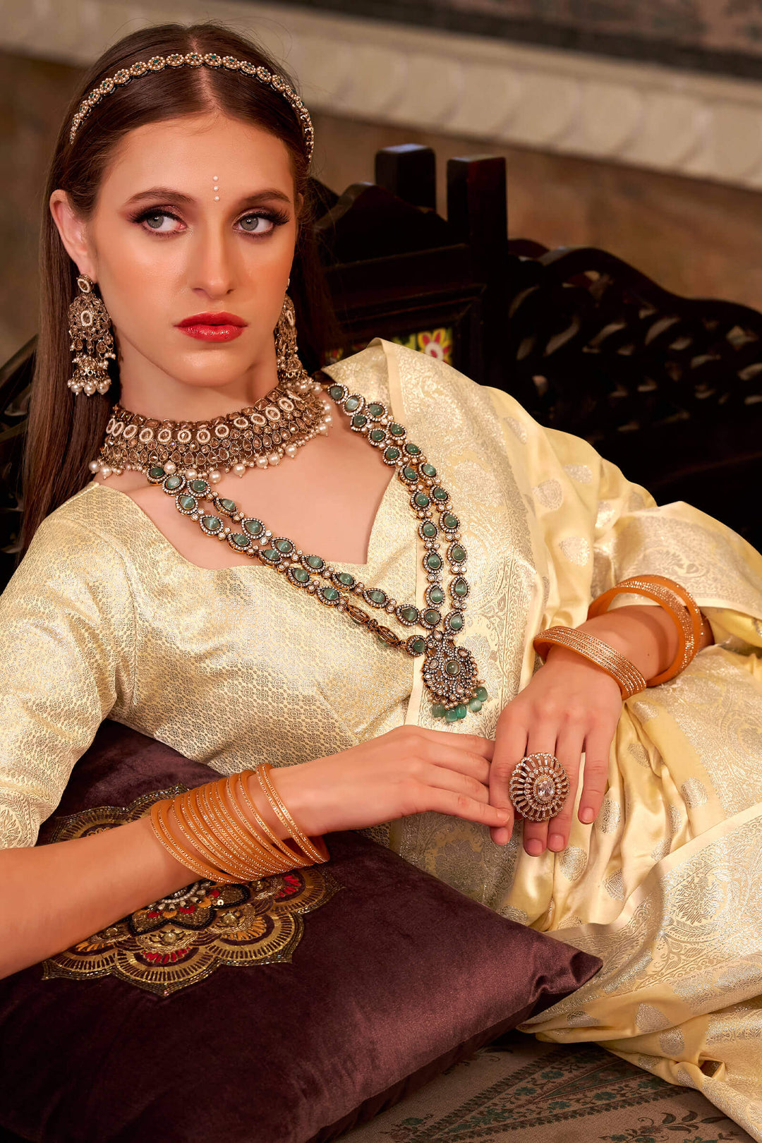 Light Goldenrod Yellow Banarasi Satin Silk Saree