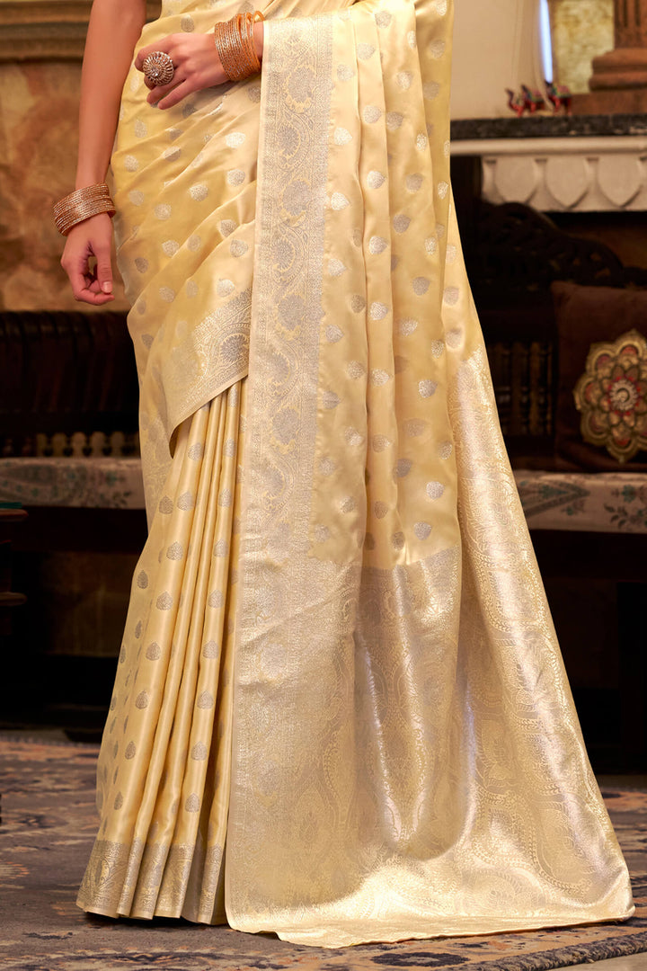 Light Goldenrod Yellow Banarasi Satin Silk Saree
