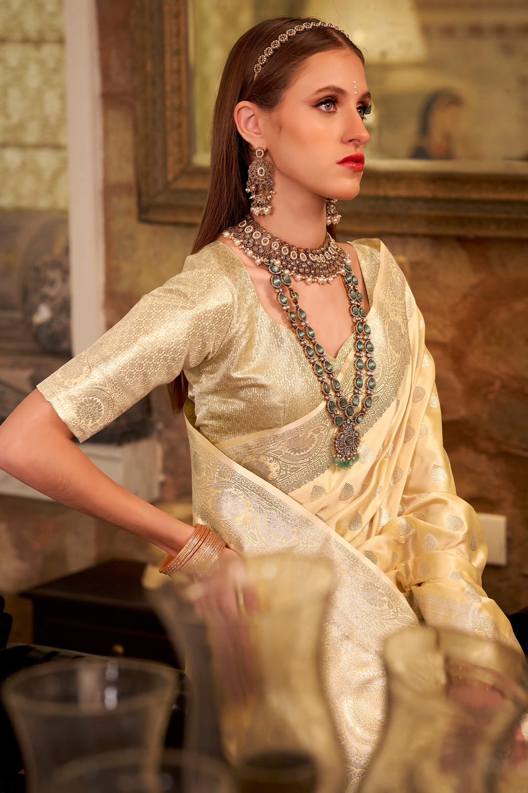 Light Goldenrod Yellow Banarasi Satin Silk Saree