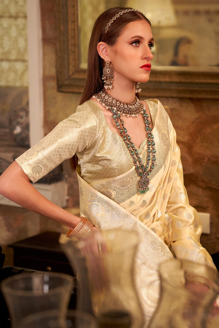 Light Goldenrod Yellow Banarasi Satin Silk Saree