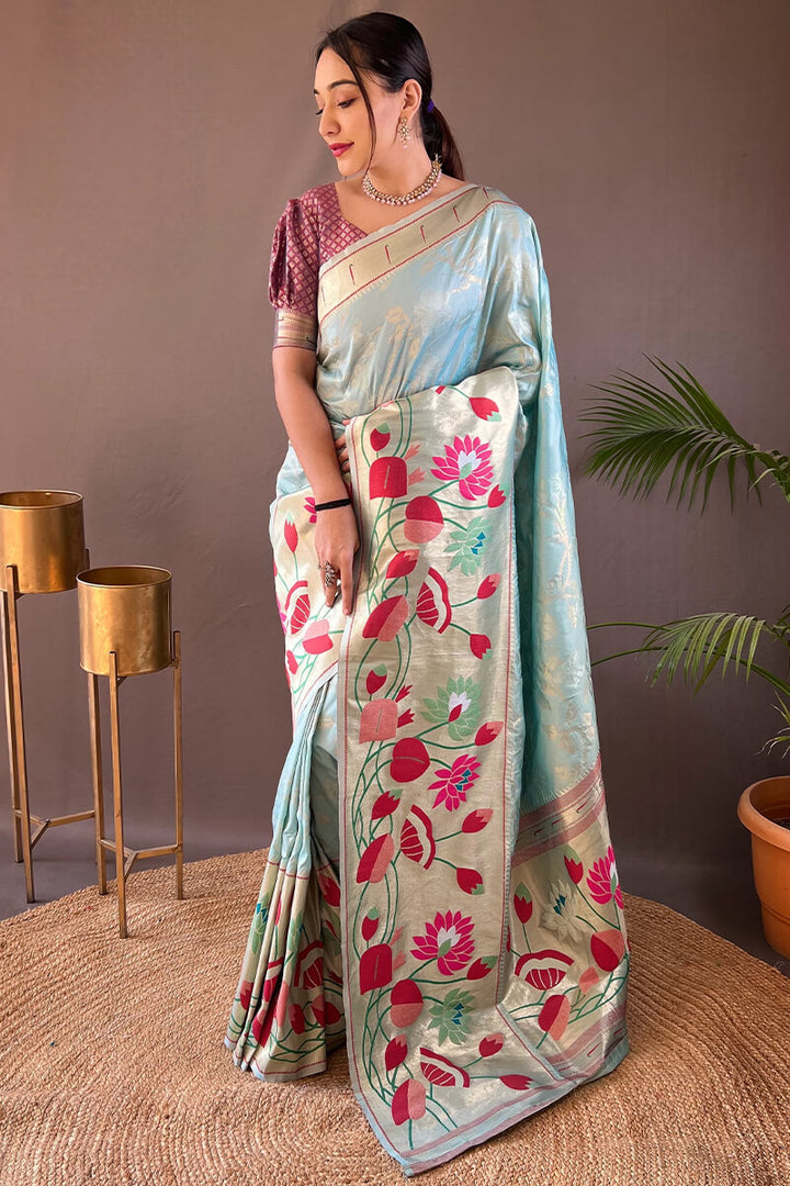 Light Grey Blue Zari Woven Paithani Silk Saree