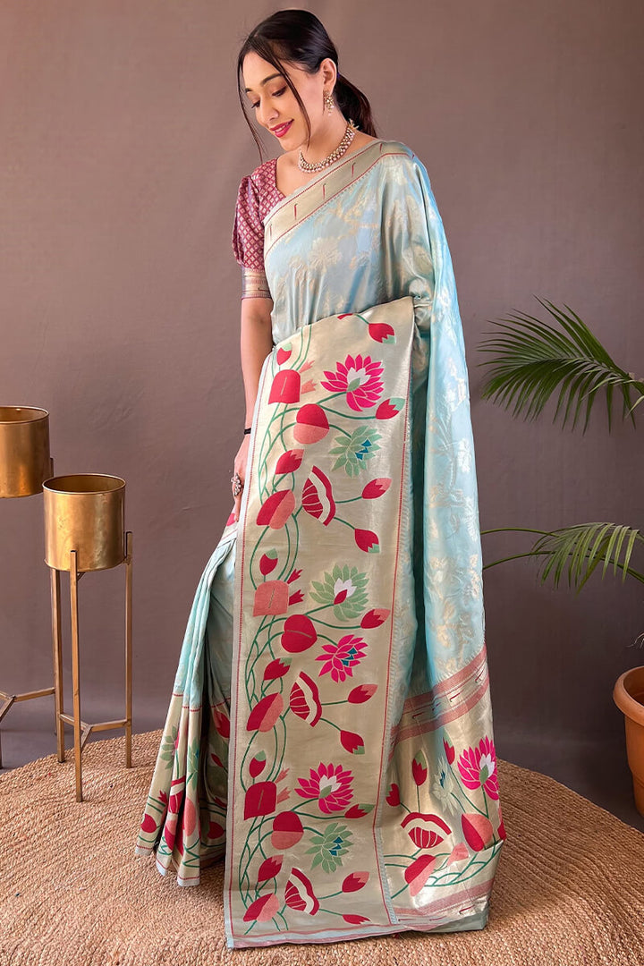 Light Grey Blue Zari Woven Paithani Silk Saree