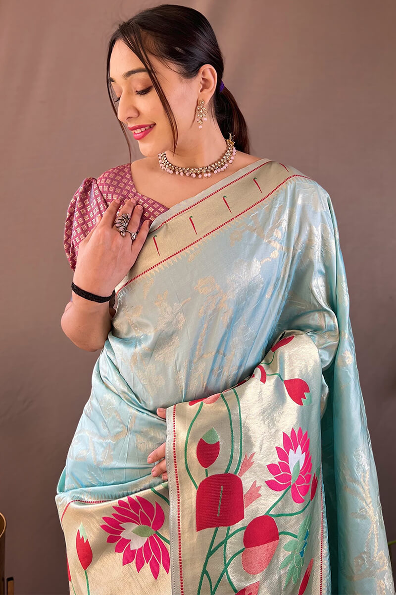 Light Grey Blue Zari Woven Paithani Silk Saree