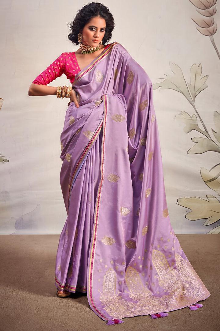 Light Lavender Banarasi Satin Silk Saree