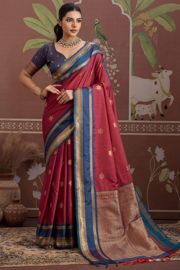 Light Maroon Banarasi Tussar Silk Saree
