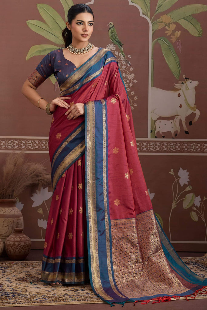 Light Maroon Banarasi Tussar Silk Saree