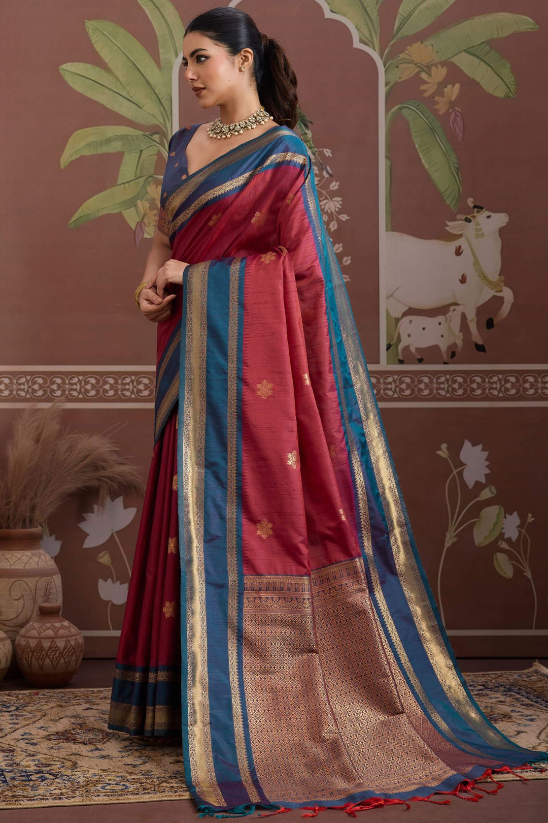 Light Maroon Banarasi Tussar Silk Saree