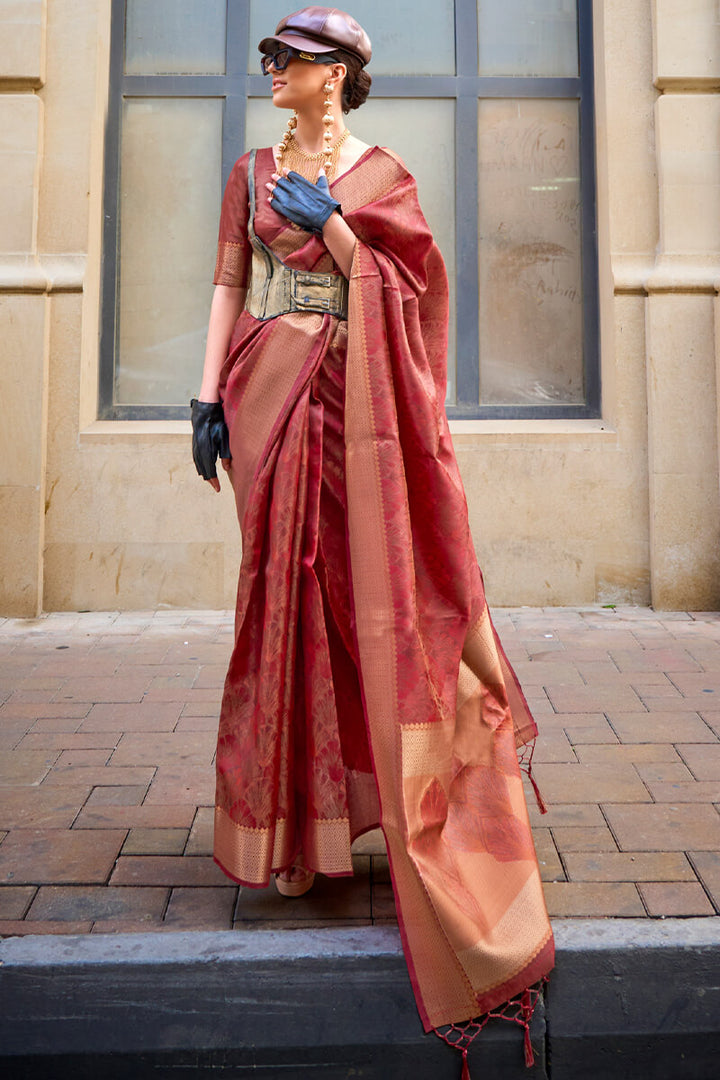 Light Maroon Dual Tone Organza Silk Saree