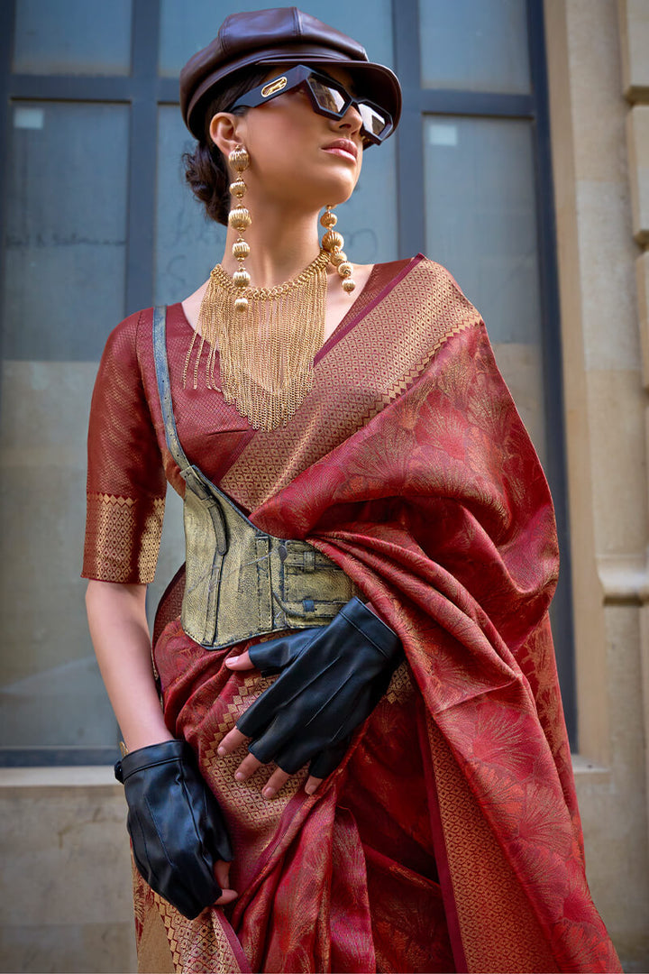 Light Maroon Dual Tone Organza Silk Saree