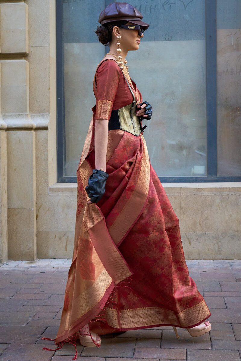 Light Maroon Dual Tone Organza Silk Saree