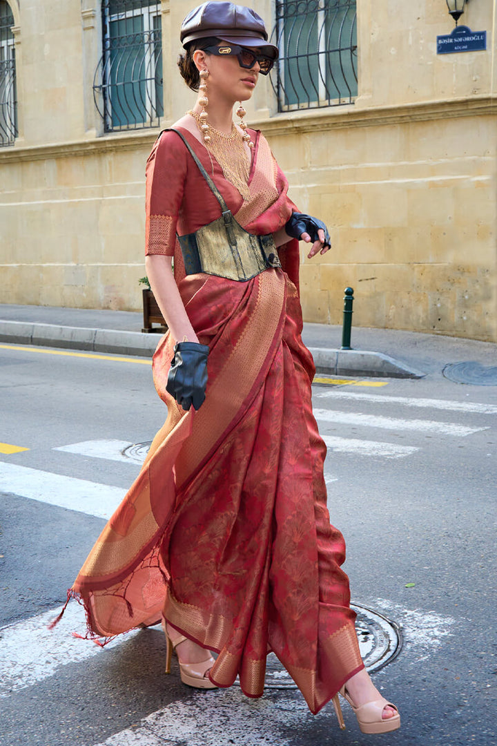 Light Maroon Dual Tone Organza Silk Saree