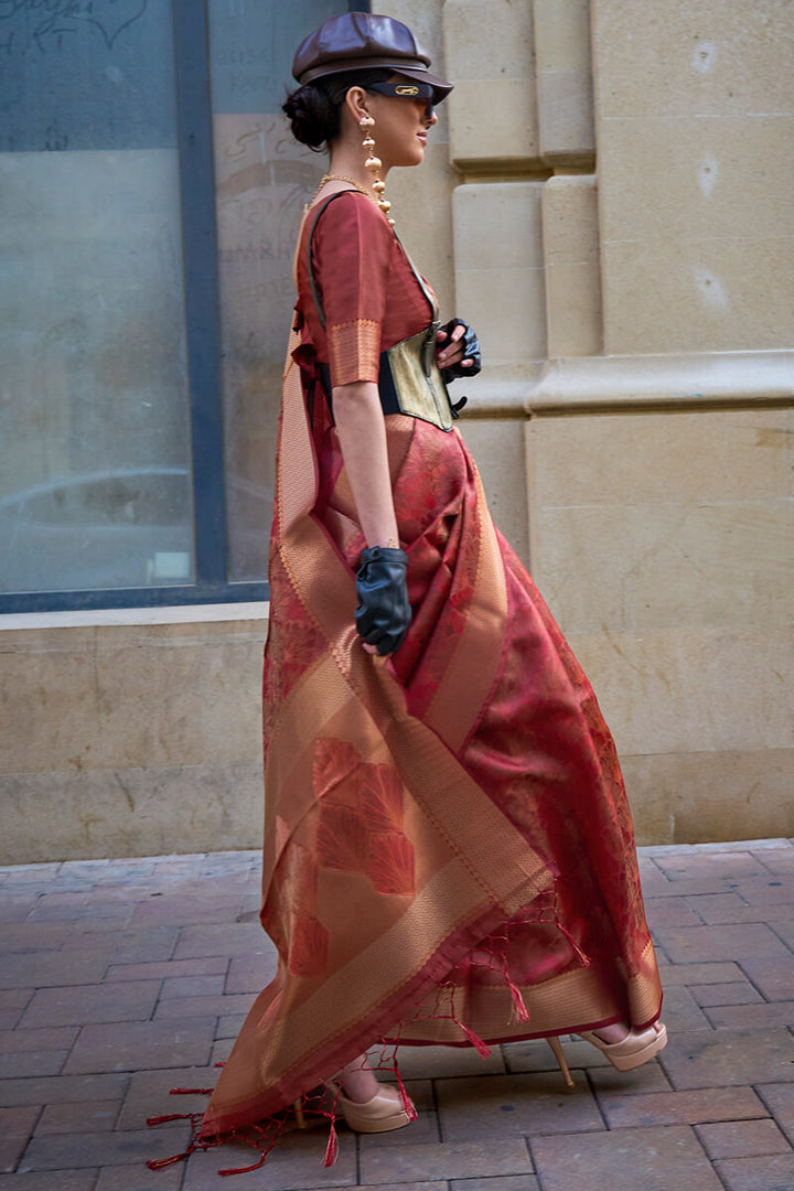 Light Maroon Dual Tone Organza Silk Saree