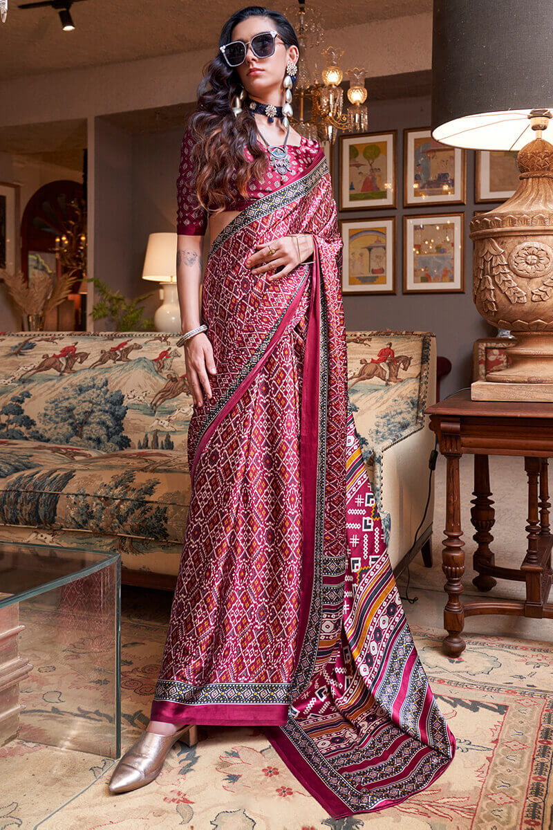 Light Maroon Patola Printed Satin Crepe Silk Saree