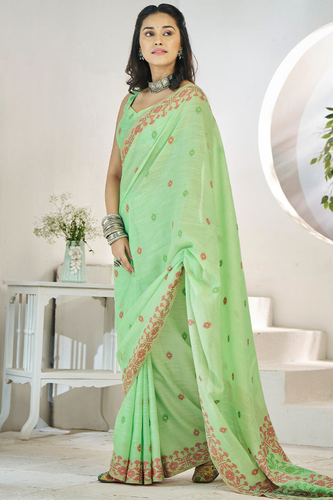 Light Moss Green Soft Linen Silk Saree